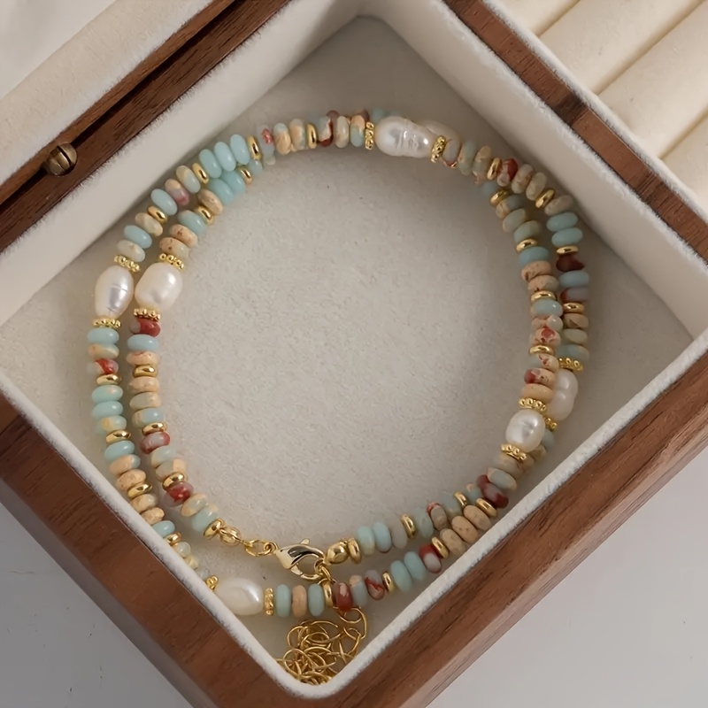 E-shop 1 Stück Natürliche Süßwasser- & -Halskette – Bohemian Vintage Goldfarbene Kette mit Türkis und roten Perlen, kunstvolles Perlenarbeiten
