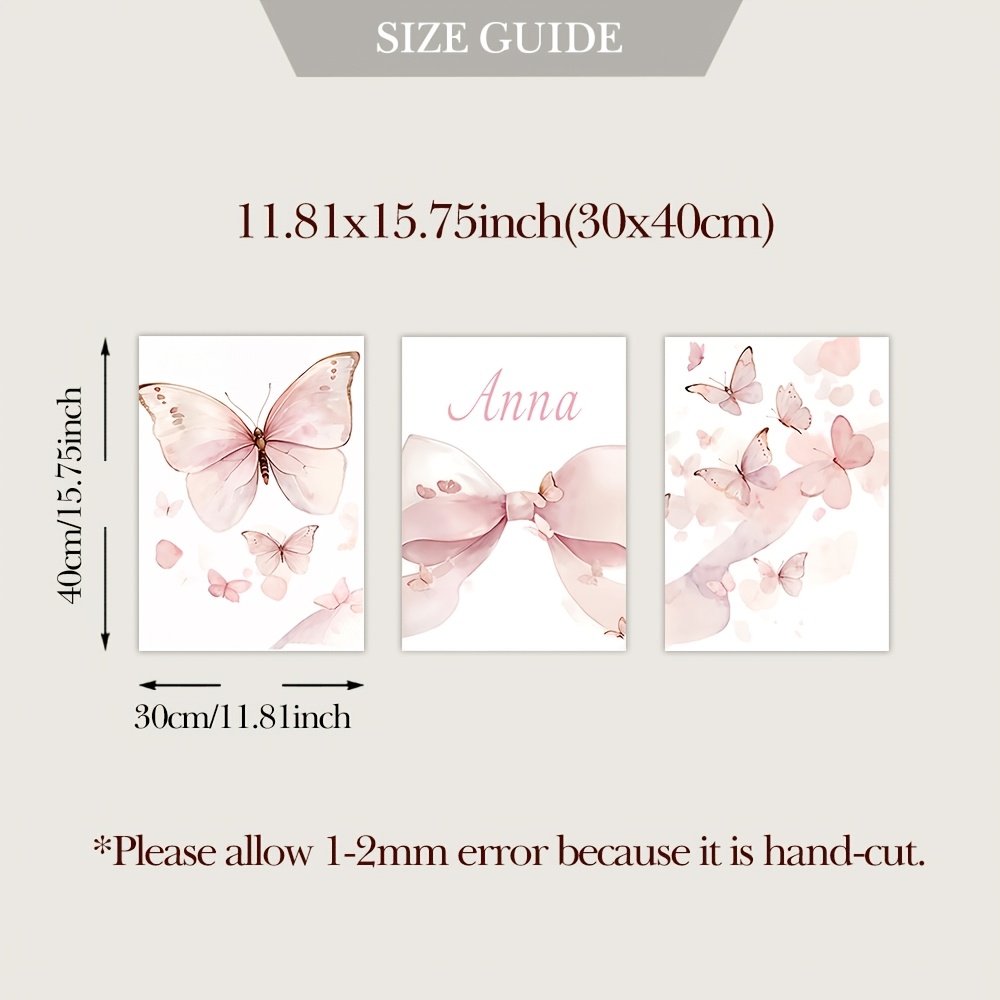 TEMU 2d Flat, 2d Flat, Set Of 3 Pink Name Custom Posters, Unframed, Personalized Wall Art Prints Featuring A Pink Bow Theme And Custom Pink Text,