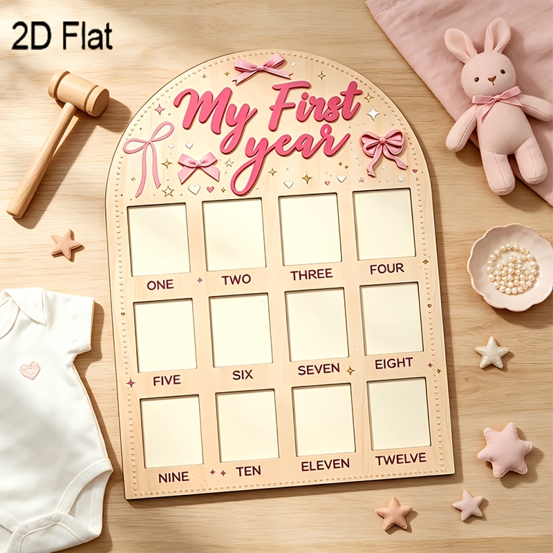 TEMU 1pc 2d Flat Wooden/ Year Growth Flat Wooden First Year Photo Wall/pink Bow Pattern, 1-12 Months Growth Photo Display, Suitable For Home 1st