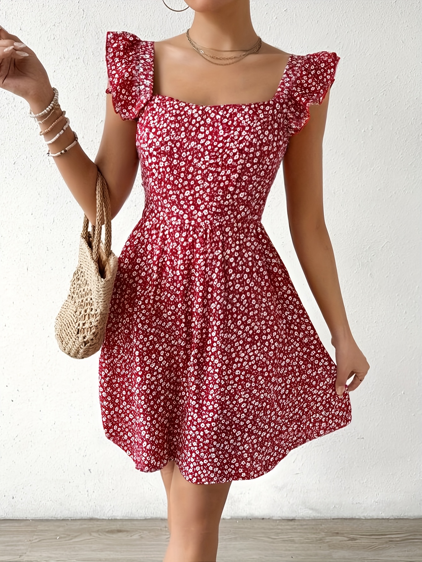elegant red floral square neck midi dress ruffle sleeves - Temu United Arab  Emirates