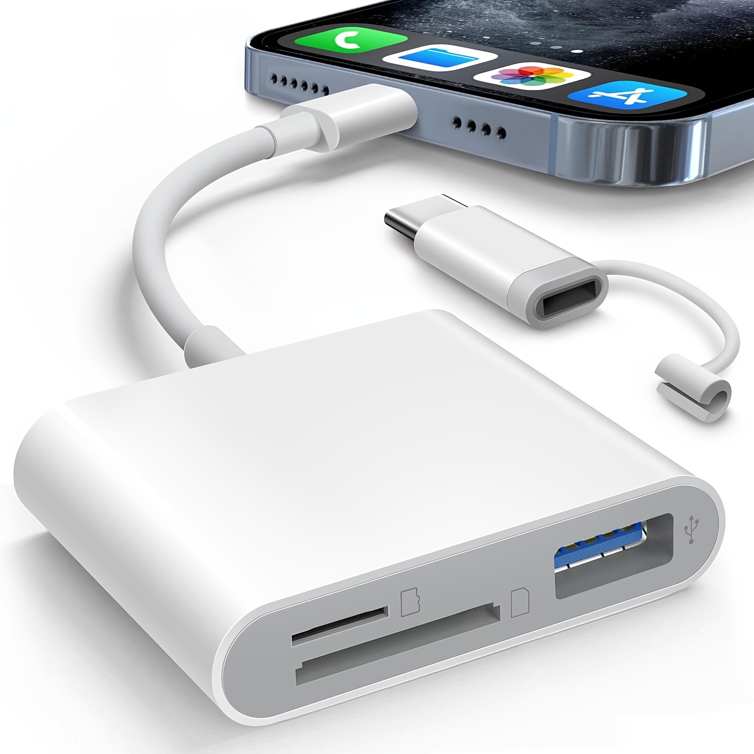item picture 5 in 1 card reader adapter sd card reader suitable for iphone and ipad with built in lightning and usb c dual connector card adapter with sd memory card usb a 3 slot tracking camera storage card viewer portable no application required