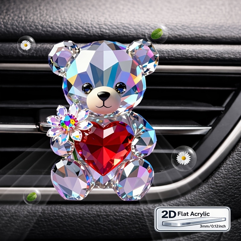 Image of 2d Flat, 2d Flat 1pc Cute Bear With Red Heart 2d Flat Acrylic Car Air Vent Clip, Interior Decor, Bling Auto Accessory, For Women, Girls, Girlfriend, Valentine's Day Car Gift, 2d Flat