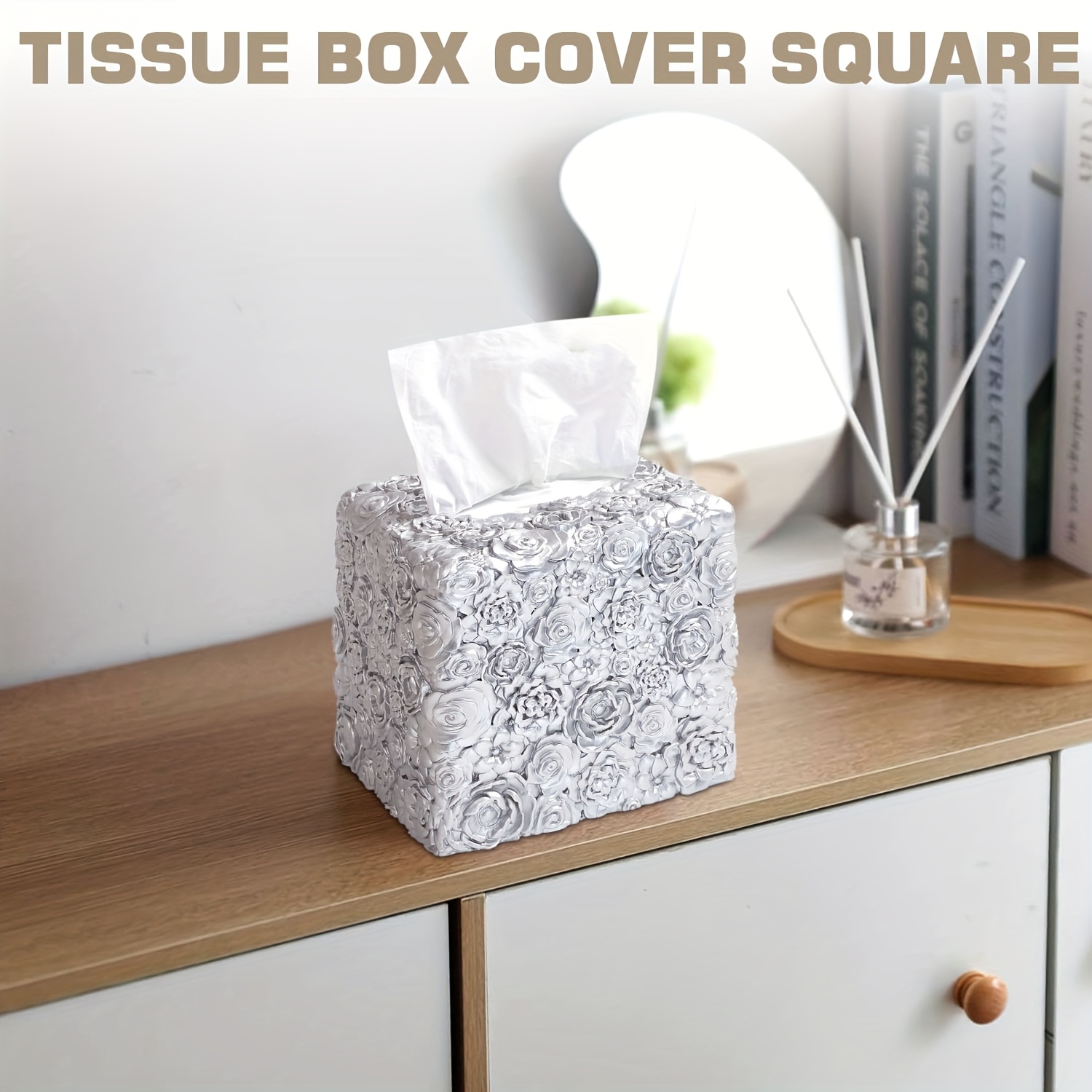 1pc elegant tissue box cover decorative square tissue box holder durable resin construction space saving   room bathroom kitchen vanity   decor in neutral colors compatible with standard tissues ideal housewarming or wedding gift Product details 5