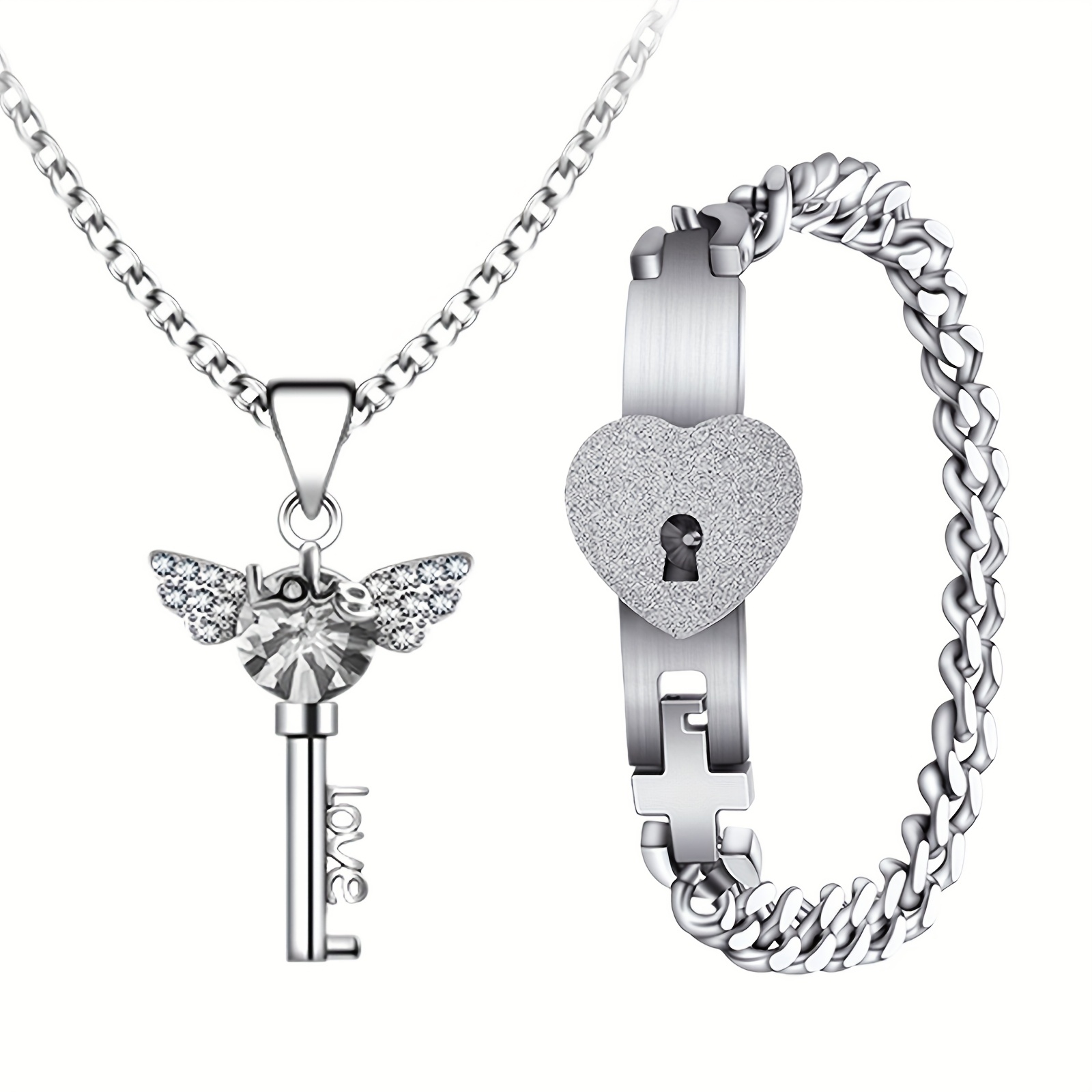 Matching Couple's Jewelry Set: Stainless Steel Cuban Lock & Heart Wing Key Necklace - Interlocking Bracelet For , Valentine's Wedding Anniversary Gift, Matching Pair For , Wear