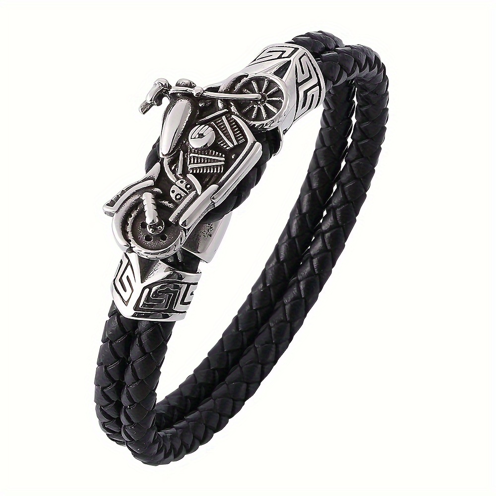 

1pc Funky Style Men's Bracelet, Vintage Distressed Zinc Alloy Motorcycle Design, Hand Braided Pu Leather, Punk Artificial Jewelry Accessory