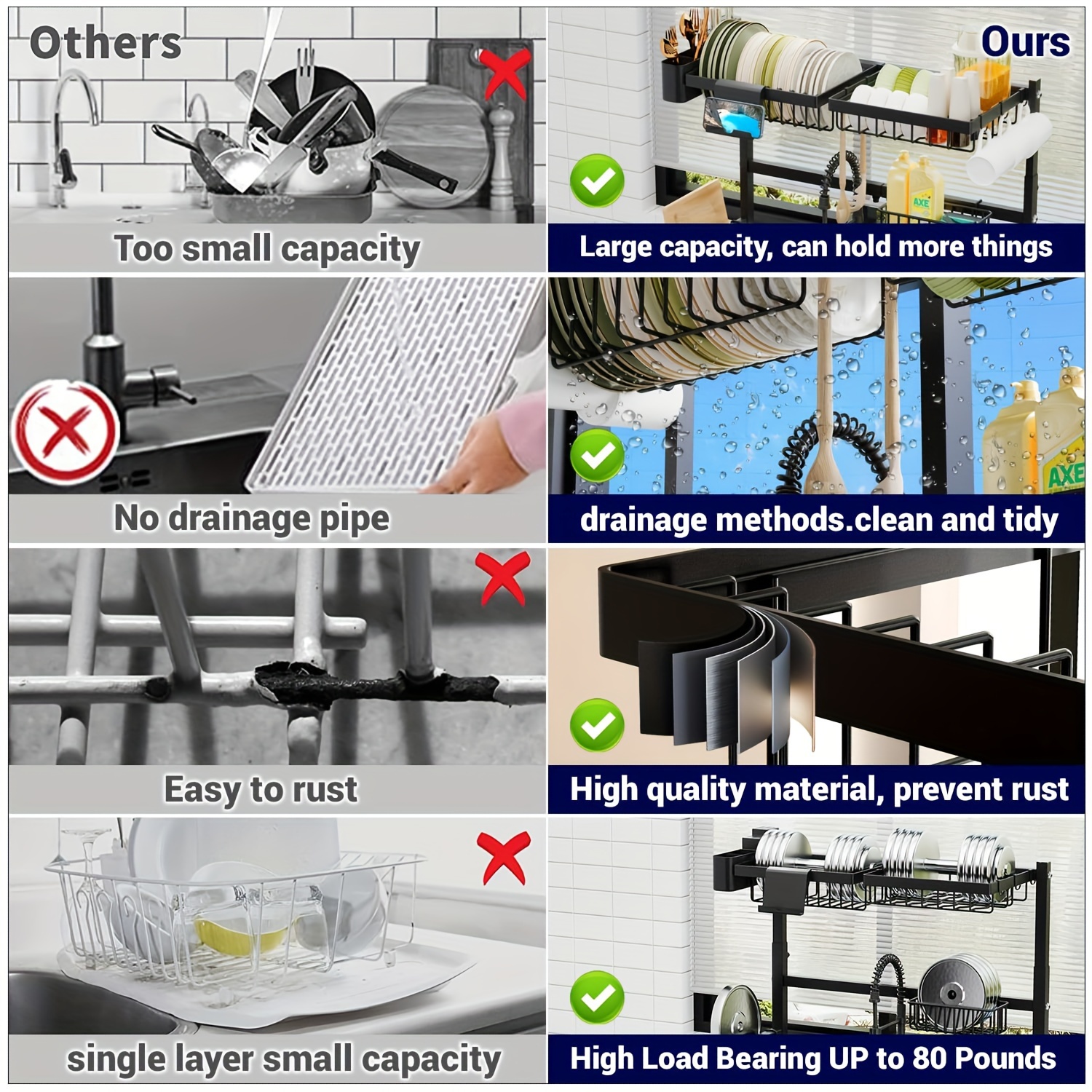 stainless steel over sink dish rack multi functional kitchen organizer with utensil holder drying rack knife slot and drainer for plate cup cutlery storage no food contact details 5