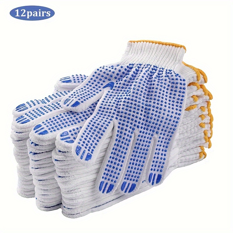 

12 Pairs Cotton Blend Knit Work Gloves With Pvc Dots For Grip, Machine Washable, Pull-on Closure, Woven Fabric, Snug & For Men And Women - Ideal For Camping, Hiking, Running & Activities