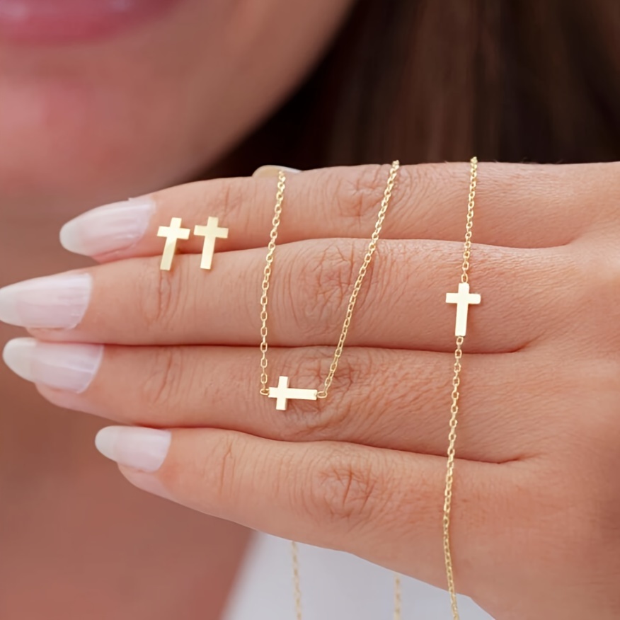 

1 Pair Stud Earrings +1 Pc Necklace +1 Pc Bracelet With Tiny Cross Design Zinc Alloy Jewelry Set Simple Leisure Style For Women Daily Wear