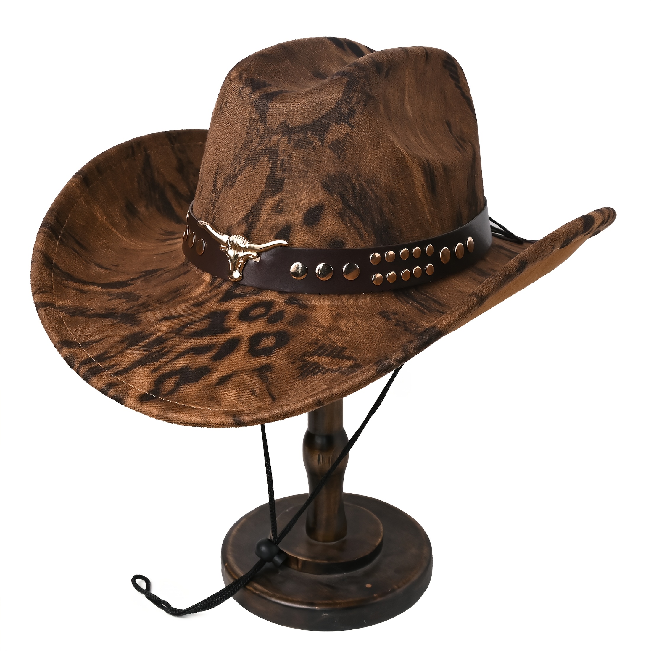 TEMU Unisex Western Cowboy Hat, Suede Style Wide Brim Sun Hat With Studded Band, Retro Distressed Cowgirl Cowboy Hat For Outdoor Travel & Party,