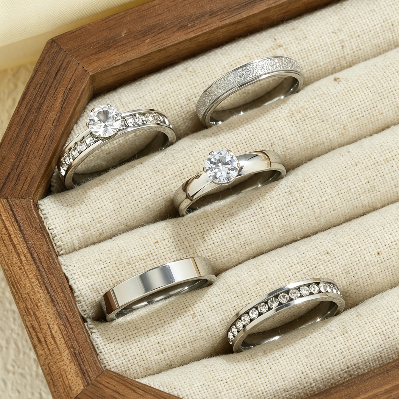 TEMU 5pcs Exquisite And Elegant Matte Stainless Cubic Synthetic Zirconia Women's Ring Set, Suitable For Daily Wear, Dates, , Gatherings, And Holiday