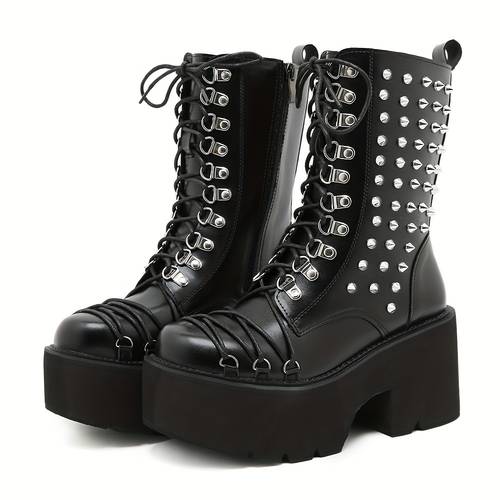 halloween punk studded knight boots womens chunky heel platform side zipper calf boots strappy party women shoes