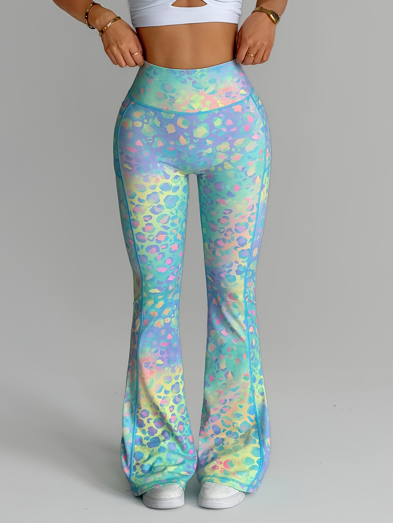 Leggings de yoga de tiro alto para mujer con control de abdomen y efecto levantacola, tipo campana y pierna estrecha - Estampado de leopardo degradado, suaves y elásticos para entrenamiento, adecuados para gimnasio, correr, atuendo casual, pantalones tipo campana no transparentes con bolsillos para