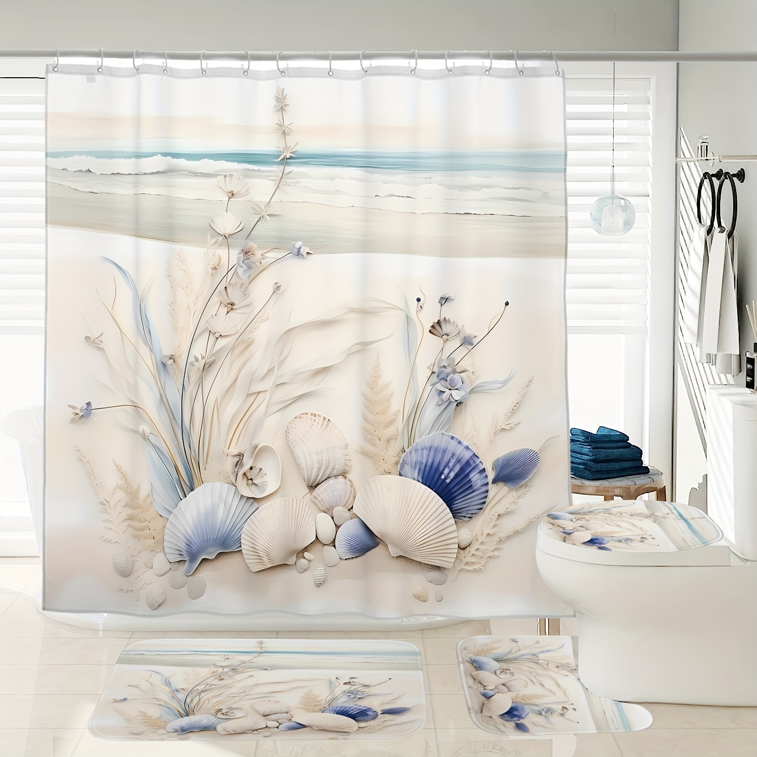 

Beach Shells Pattern Digital Printed Waterproof Shower Curtain, Toilet Seat Cover, And Bath Mat Set With 12 Plastic Hooks - 72" X 72" - Marine Theme - Polyester - Machine Woven - Non-chlorine