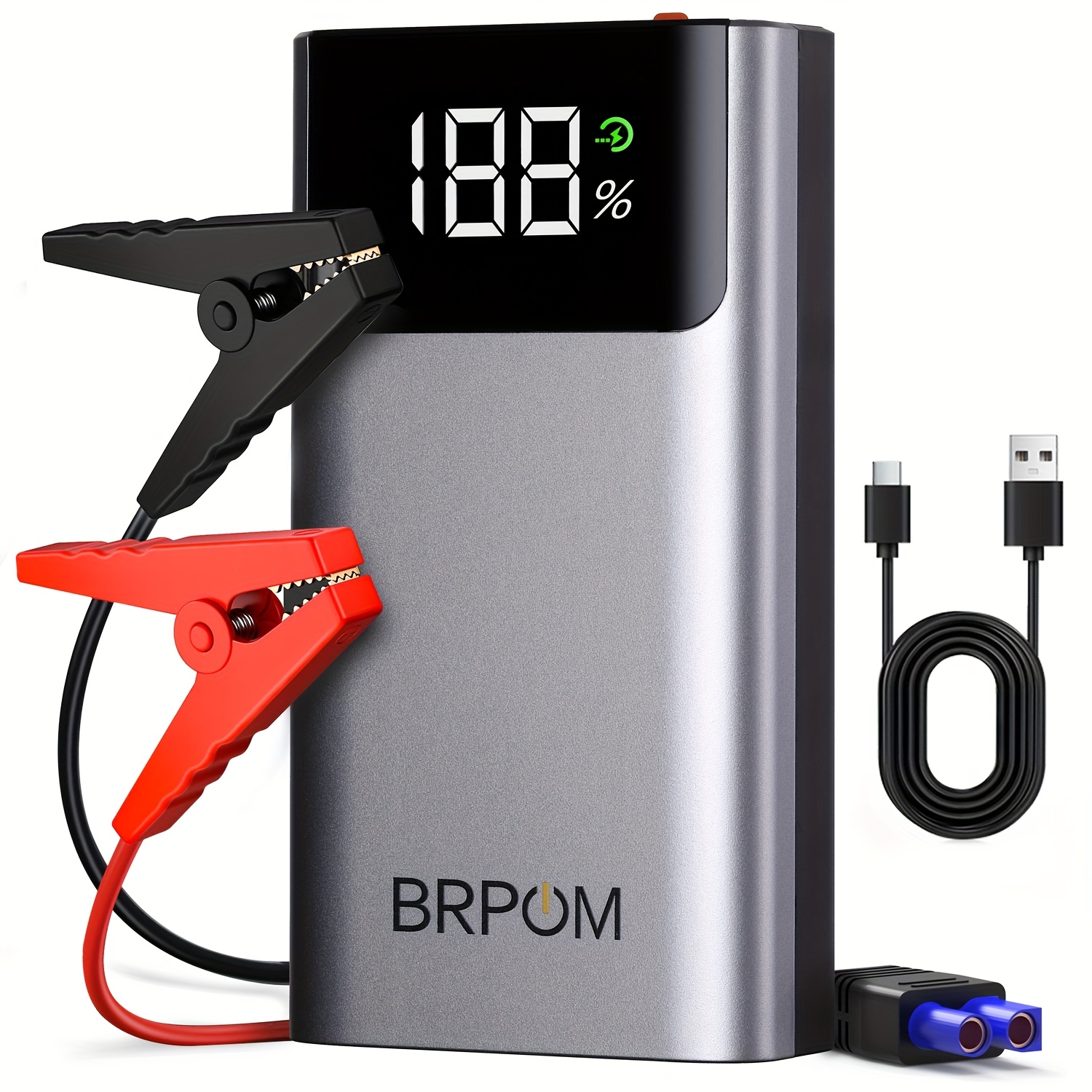 Brpom 12000a Portable Car Jump Starter - Fast Charge, Led Light, Usb Qc3.0, To 8l Gas & 5.5l Engines, Lithium Polymer Battery