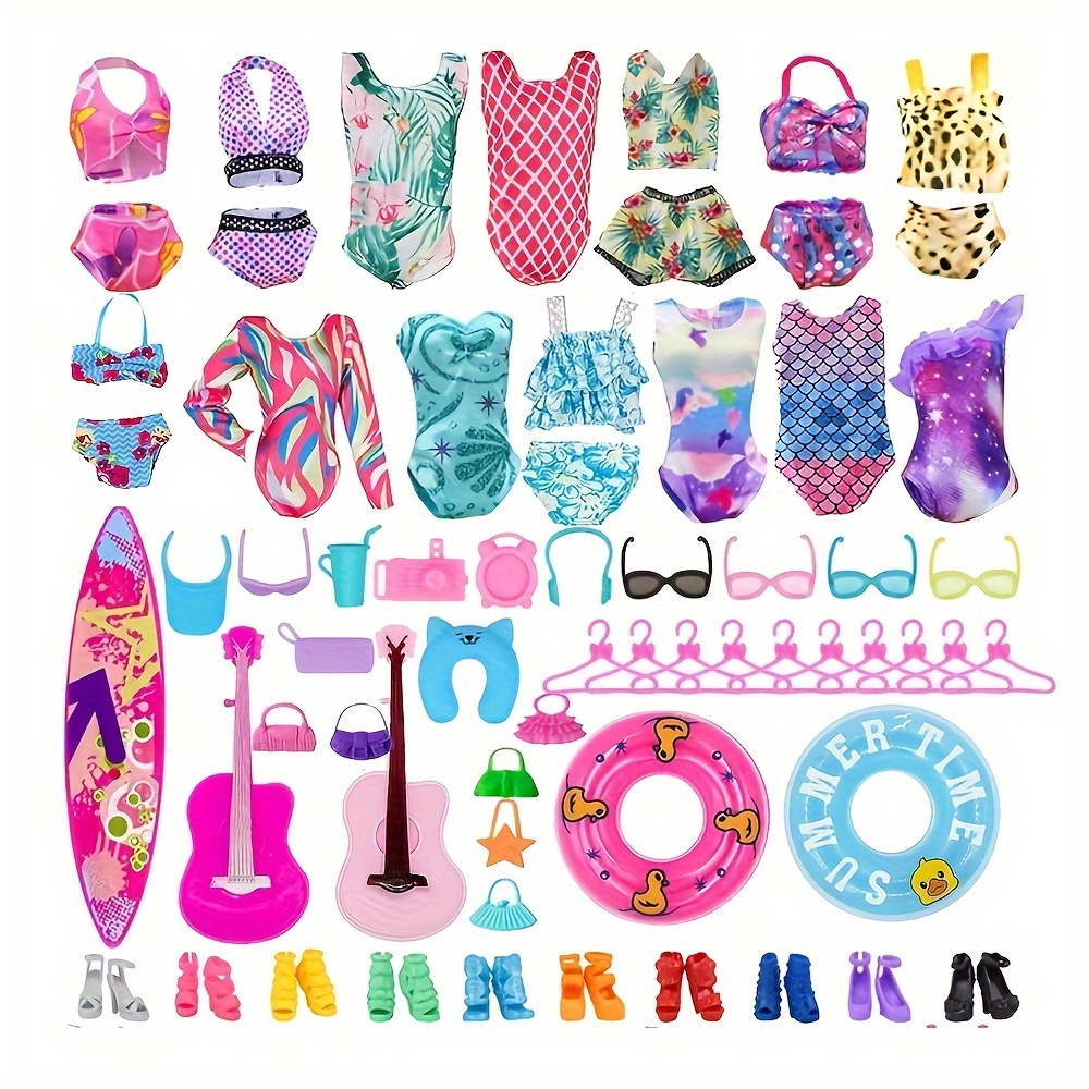 

40-piece Doll Clothing And Accessories Playset With 5 Shoes, 2 Handbags - Includes Surfboard, Guitar, Glasses, Hangers, And Pool Float - Color, Pp Material, Suitable For 3 And Up