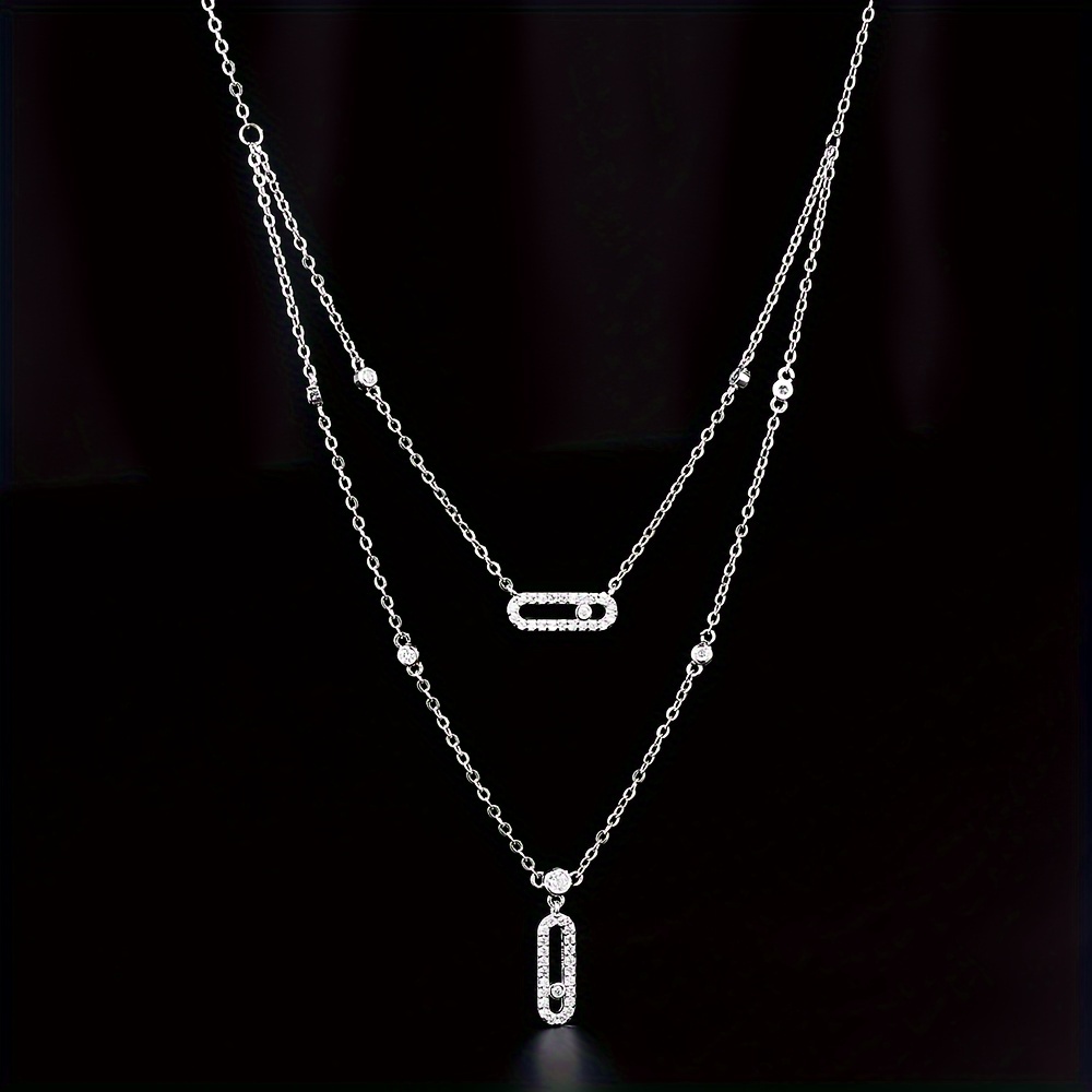 Elegant Double-Layered Paperclip Pendant Necklace with Sparkling Cubic Zirconia - Versatile Fashion Accessory for Women details 0