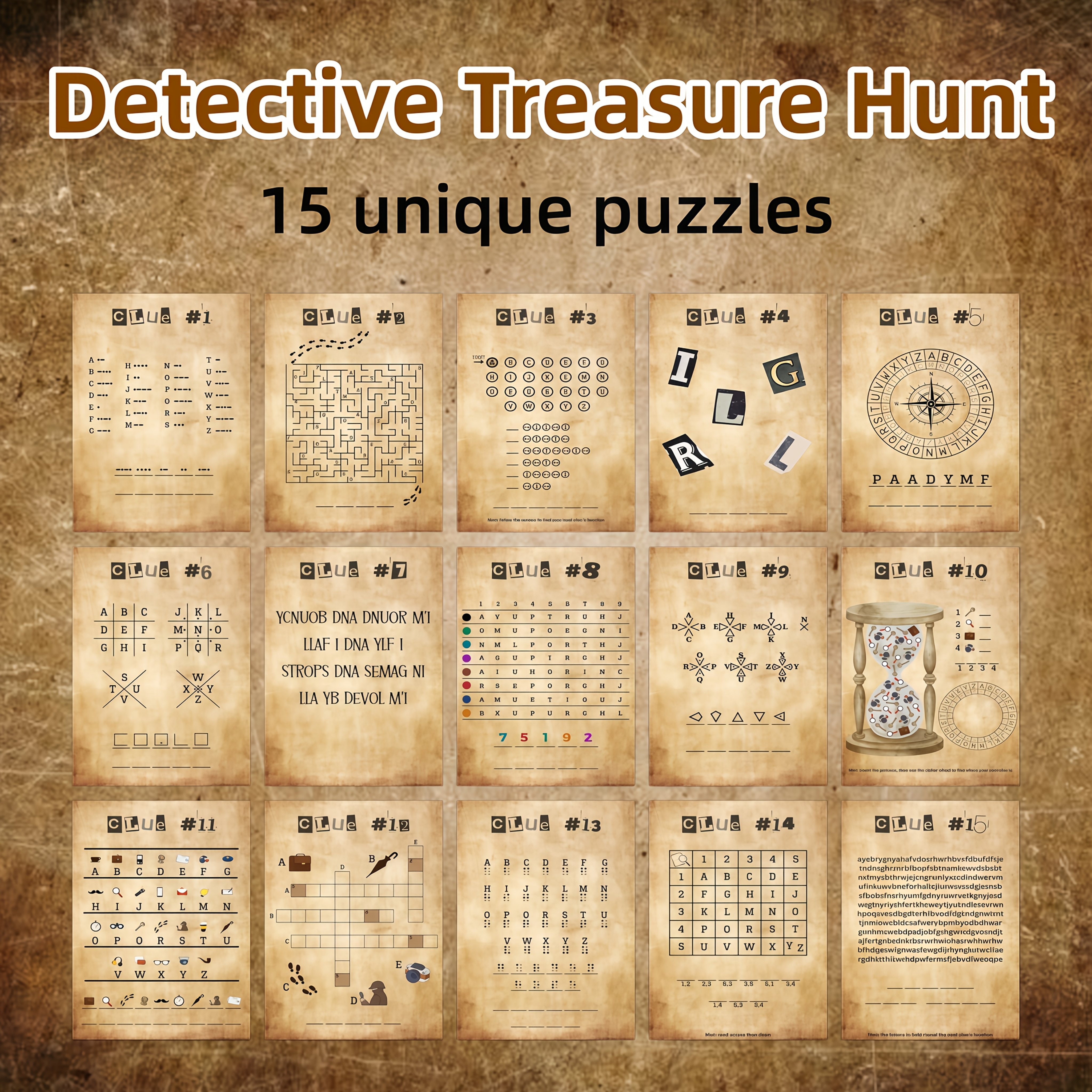 TEMU 15pcs Set Of Retro Detective Treasure Hunt Cards, 15 Styles Of Puzzle Code Tabletop Games, Birthday Party , Family Gathering Classroom Treasure