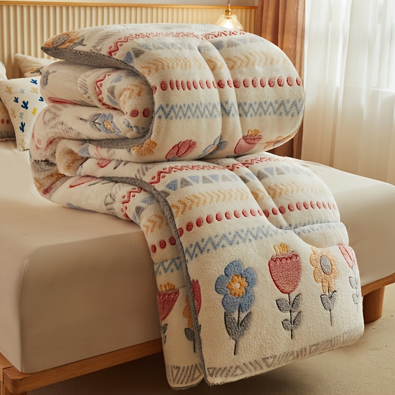 Image of Winter-weight Quilt In 5 Sizes Geometric Stripe Pattern Plush Thick Warm Soft Comfortable Blanket Insert.