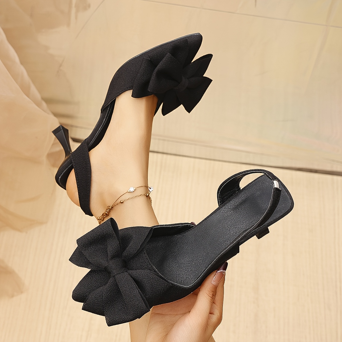 Women's Shoes Versatile Retro Solid Color Comfortable Pointed Bow Sand Beach Party High Heel Sandals byue158-2