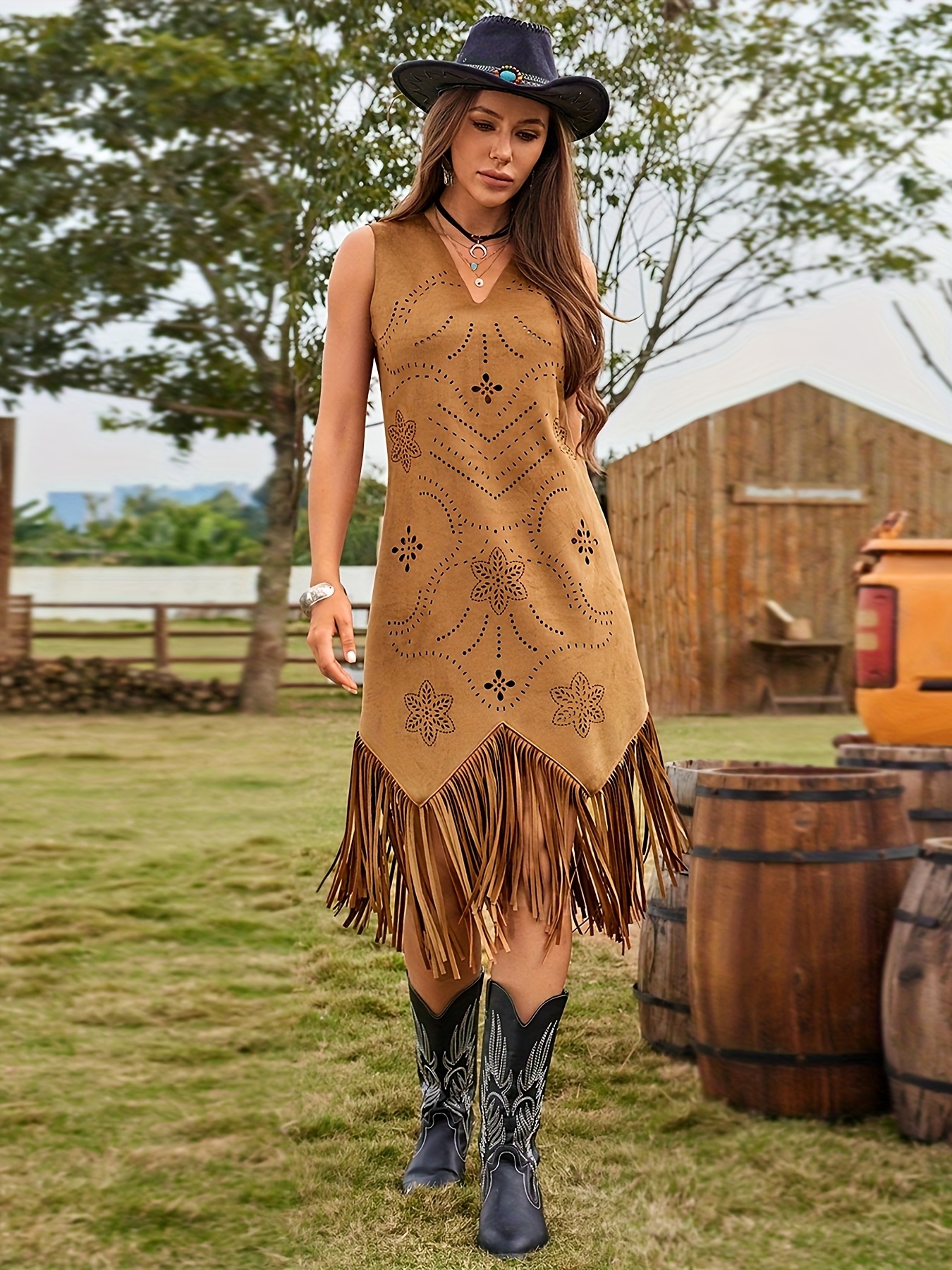 womens camel brown suede sleeveless dress fringe detail - Temu Canada