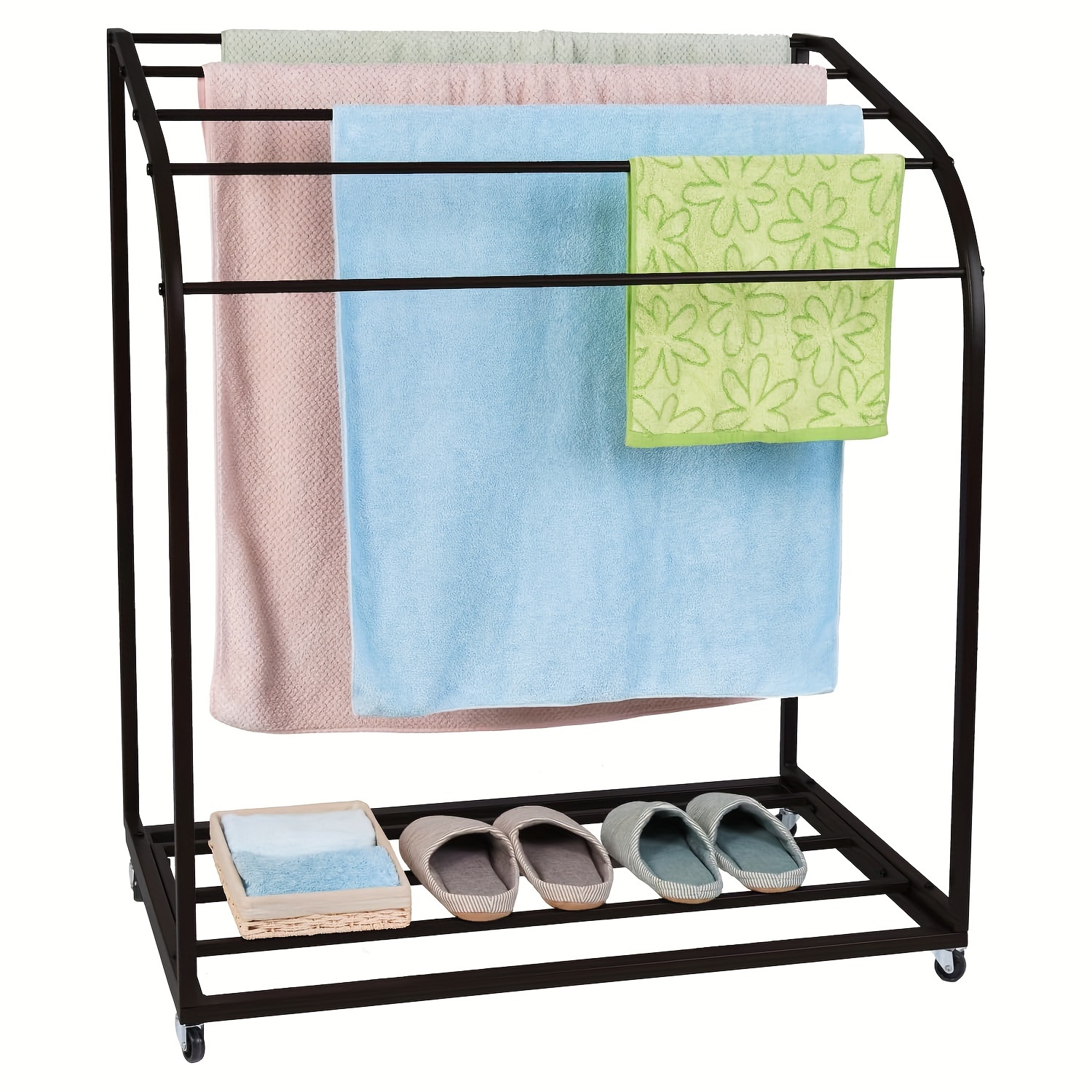 

1pc Outdoor Pool Towel Rack, Modern Style Metal 5-bar Storage Stand With Wheels, Indoor/ Beach/ Swimming Pool Rolling Towel Organizer