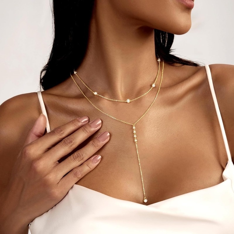 Women's Dainty Long Layered CZ Beaded Bar Chain Necklace
