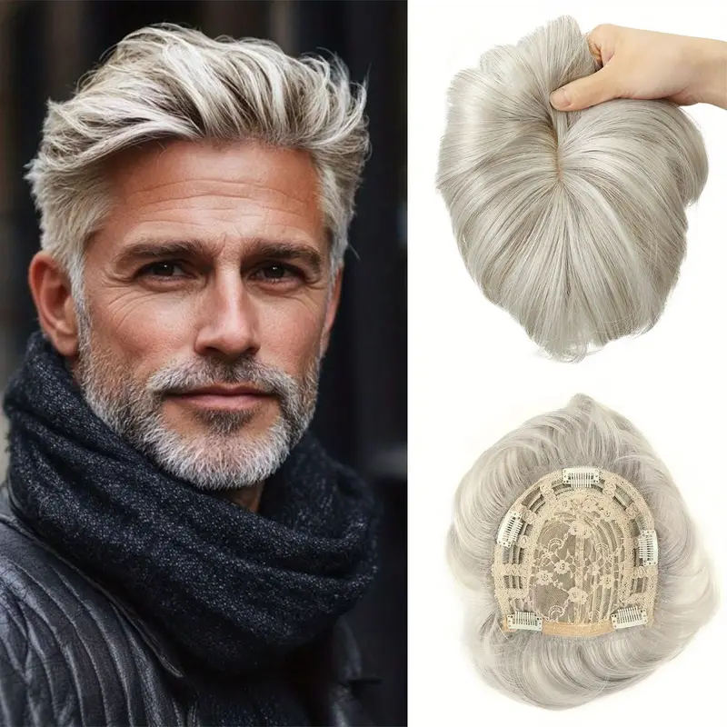 mens clip in short hair topper with grey highlights straight synthetic hairpiece with bangs breathable for thinning hair bald spot coverage volume boosting for men Product details 0