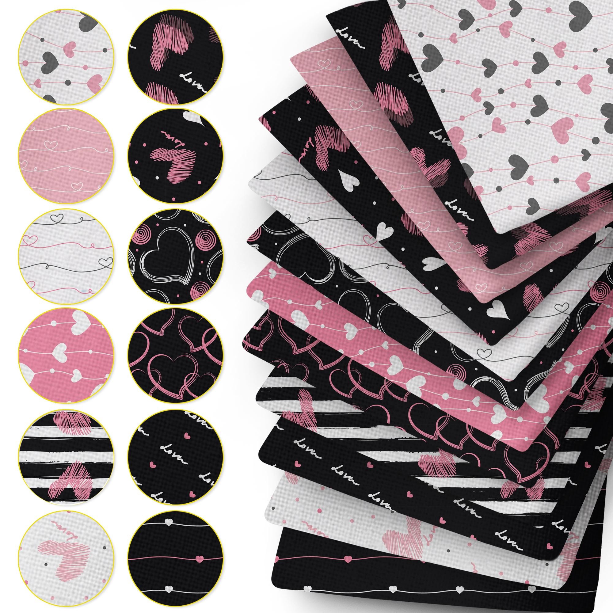 TEMU Lot de 12 paquets de tissu sur le thème pour bricolage, feuilles prédécoupées de cœur et avec le "Love" avec ruban en polyester rose/blanc/noir