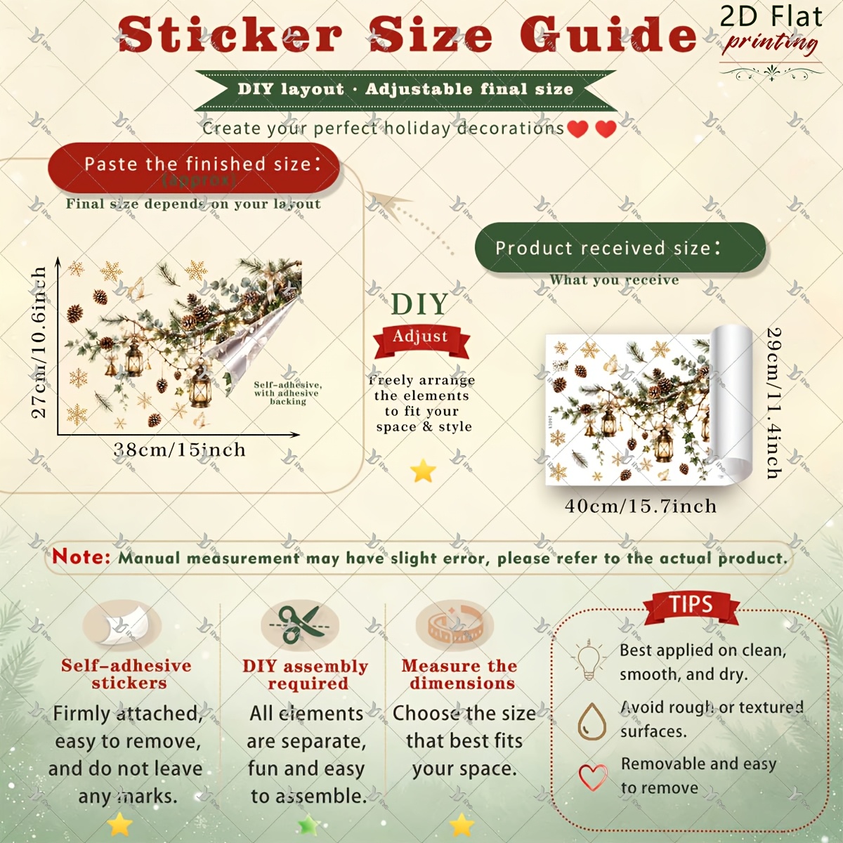 TEMU 2d Flat, 1pc 2d Flat Printing Christmas Pine Branch Lantern Snowflake 30*40cm Window Sticker Creative Diy Self Adhesive Removable Double Sided