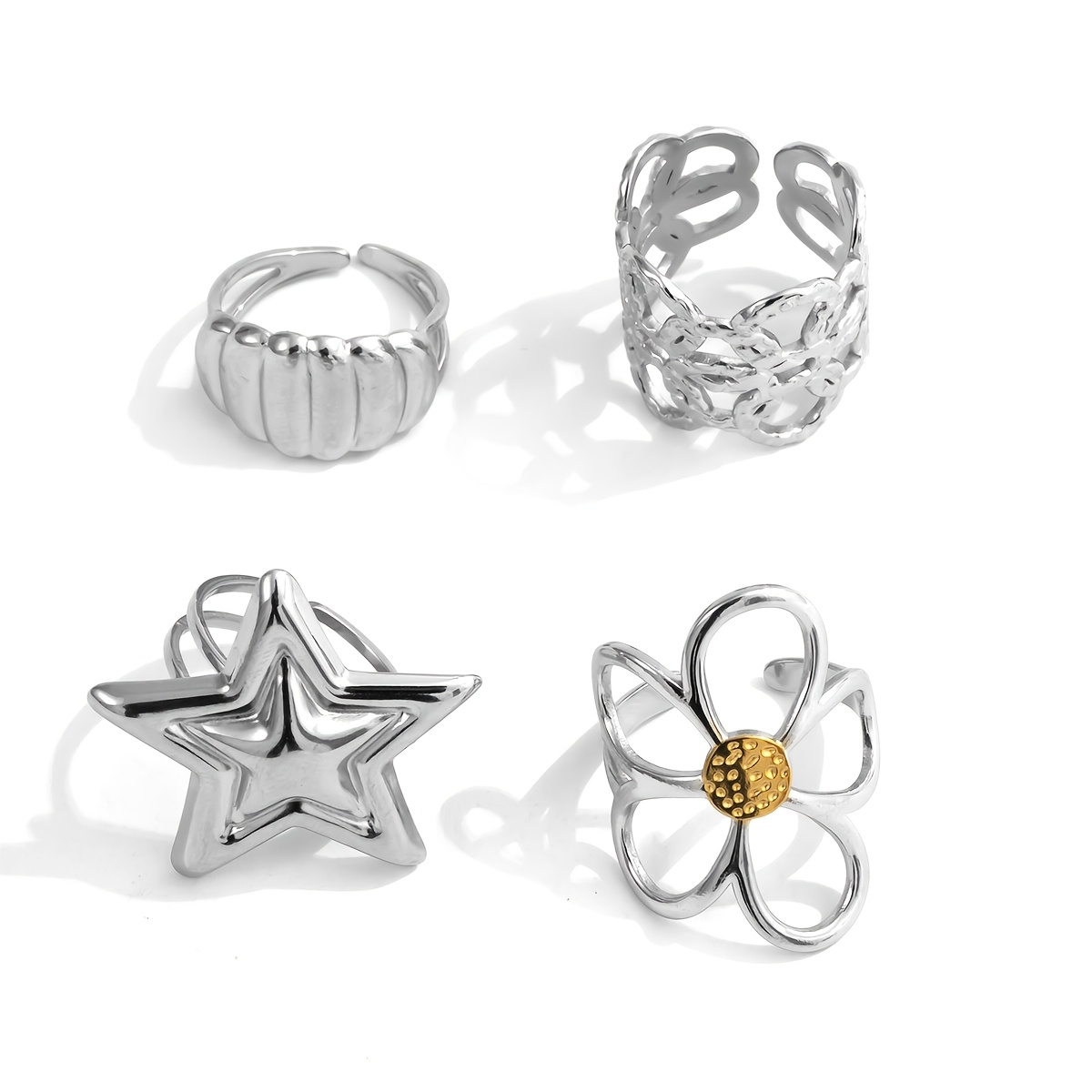TEMU 4pcs Fashion Stainless Steel Rings, Easy Hollow Geometric Irregular Design Stackable Rings - Casual Versatile , Perfect Gift For Her, Suitable