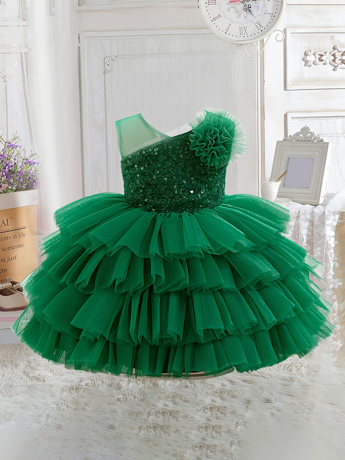 green emerald velvet dress Elegant Baby Girl Ball Gowns Toddler Flower Girl Dresses, Green / 2-3 Years (100cm)