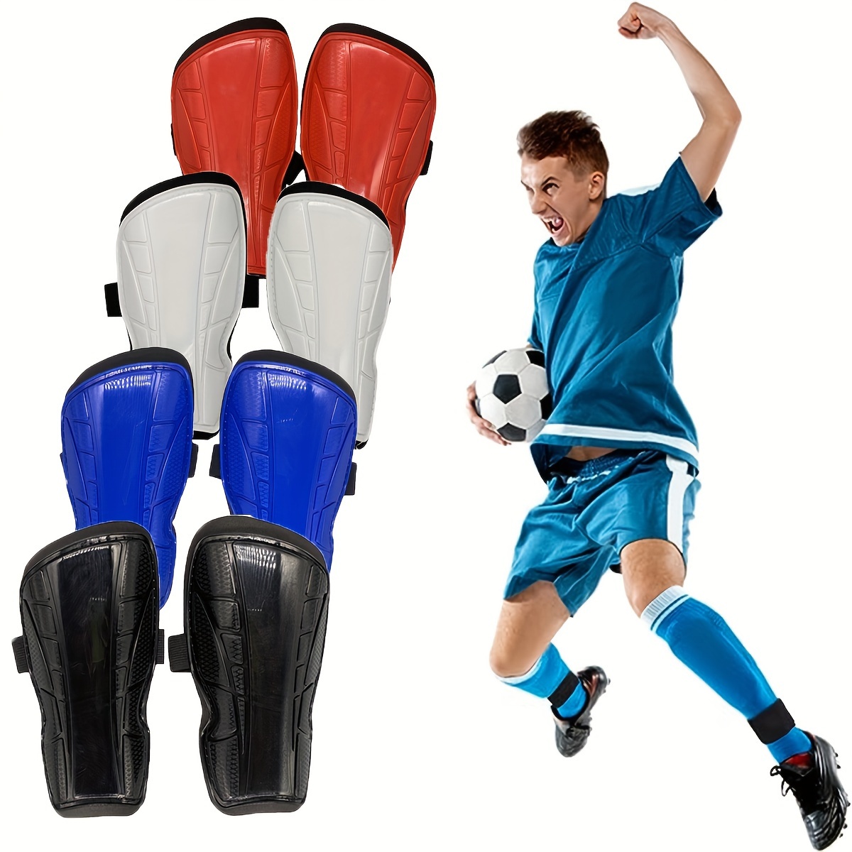 Espinilleras de fútbol, protección de tobillo, espinilleras transpirables  para adultos y adolescentes, correas ajustables antideslizantes , azul
