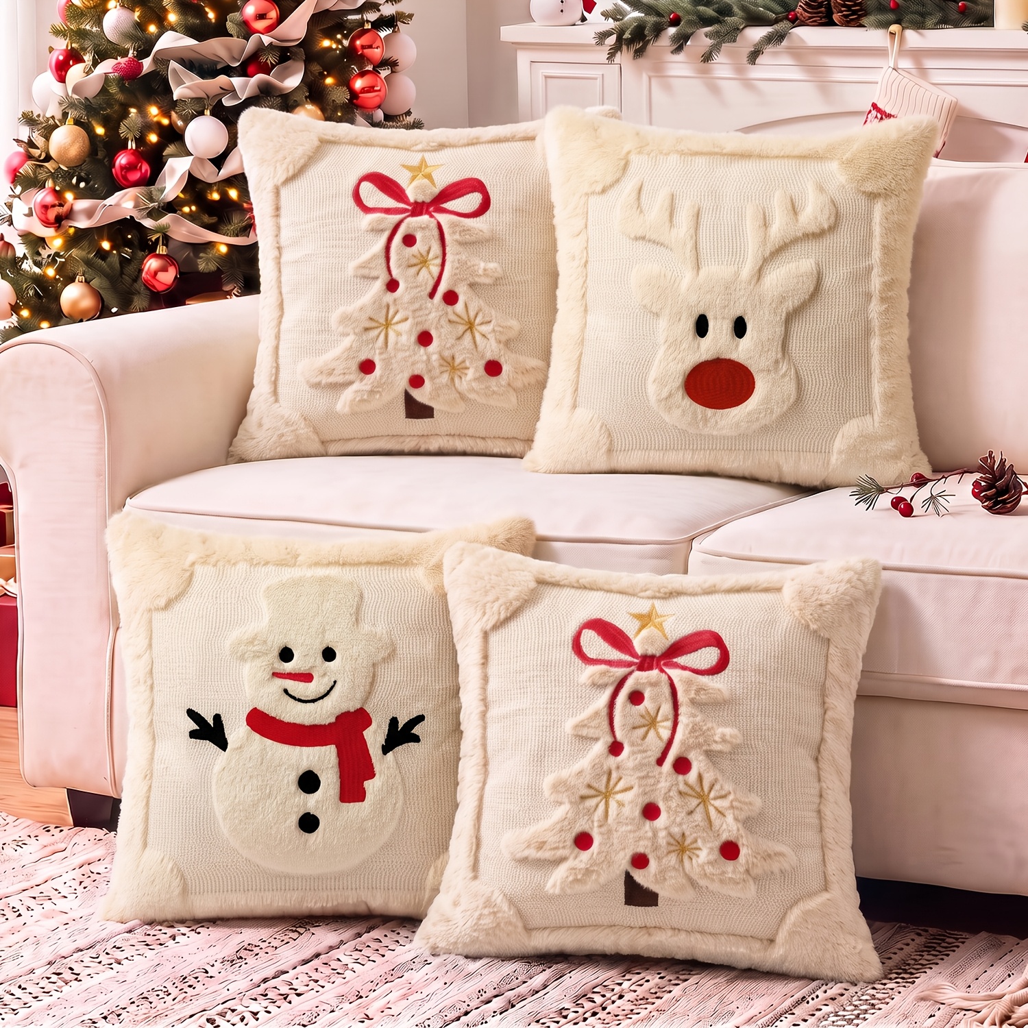 TEMU Juego de 4 fundas de almohada de felpa jacquard 3D con renos navideños - Fundas de cojín rústicas de estilo granja suaves con de y hombre de