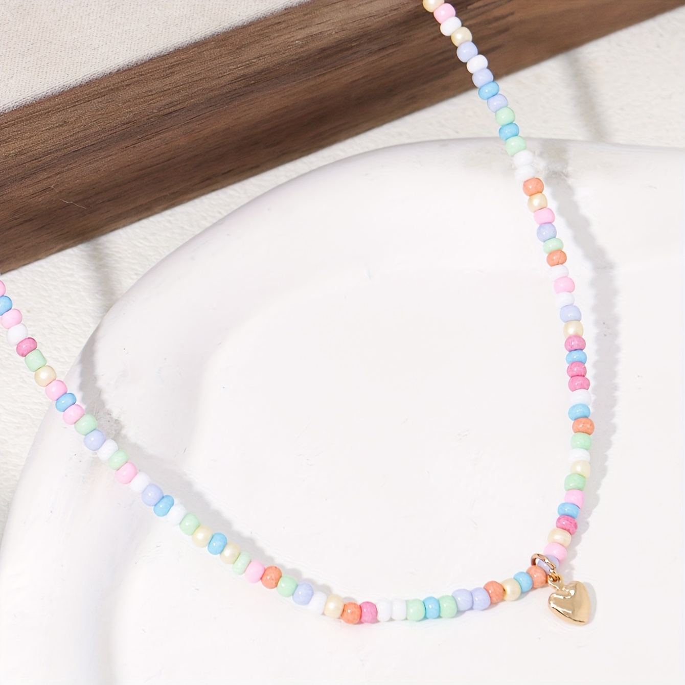 Boho Beaded Pendant Necklace with Heart Charm Handcrafted