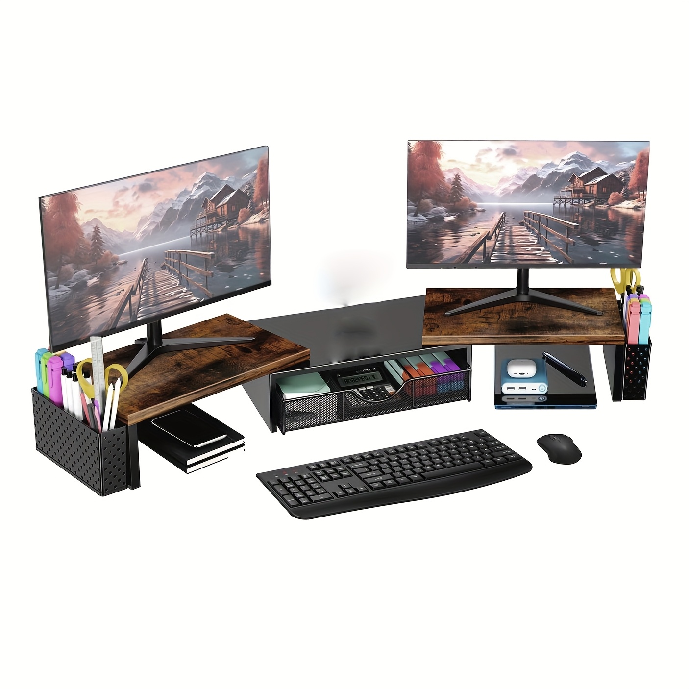 Dual Monitor Stand Riser, Desk Organizer with Drawer and 2 Pen Holders, Computer Monitor Stand for Home and Office Use