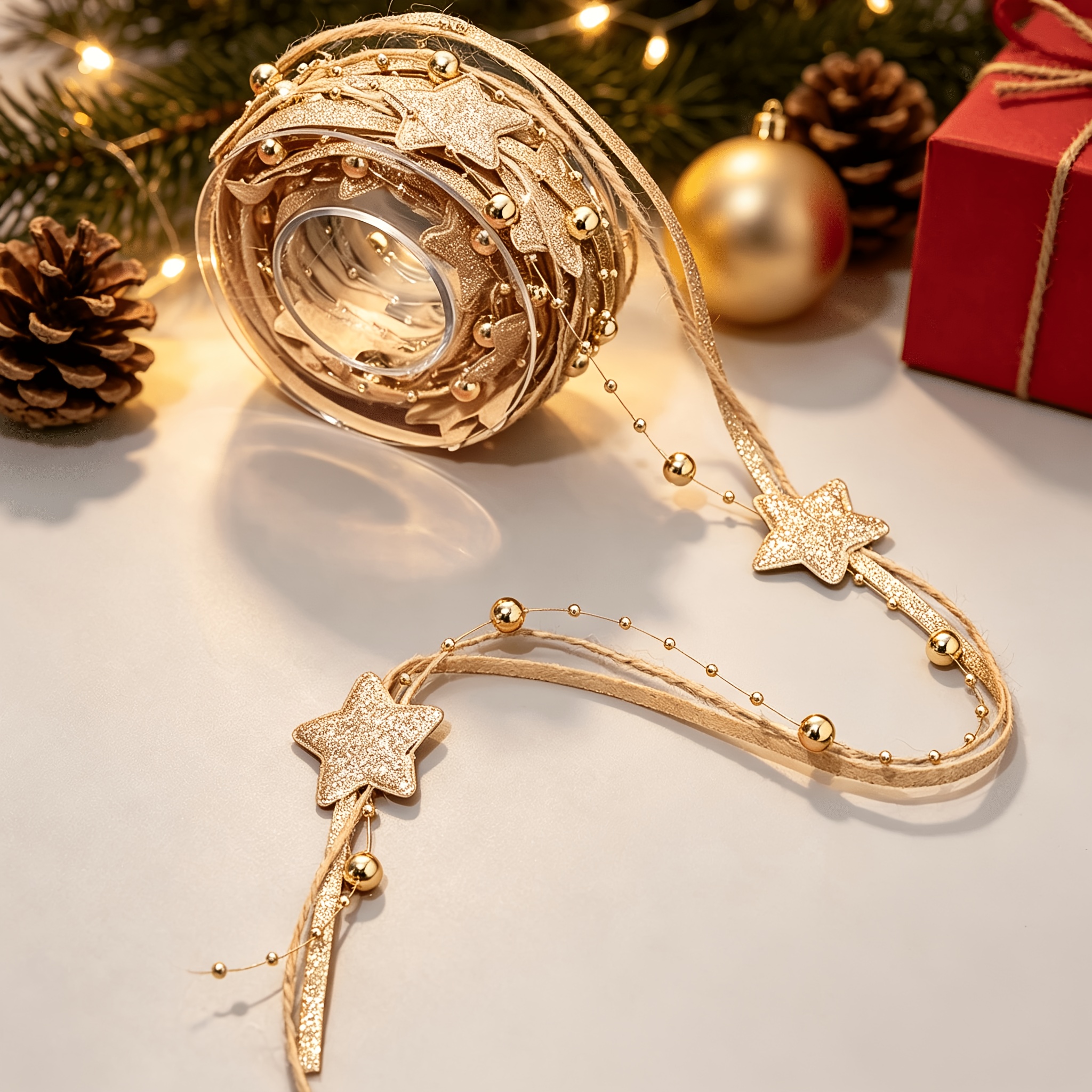 TEMU Assiette de ruban décoratif en étoile poudrée tissée à avec chaîne de perles de Noël dorées, argentées, vertes, rouges pour emballage de bouquet