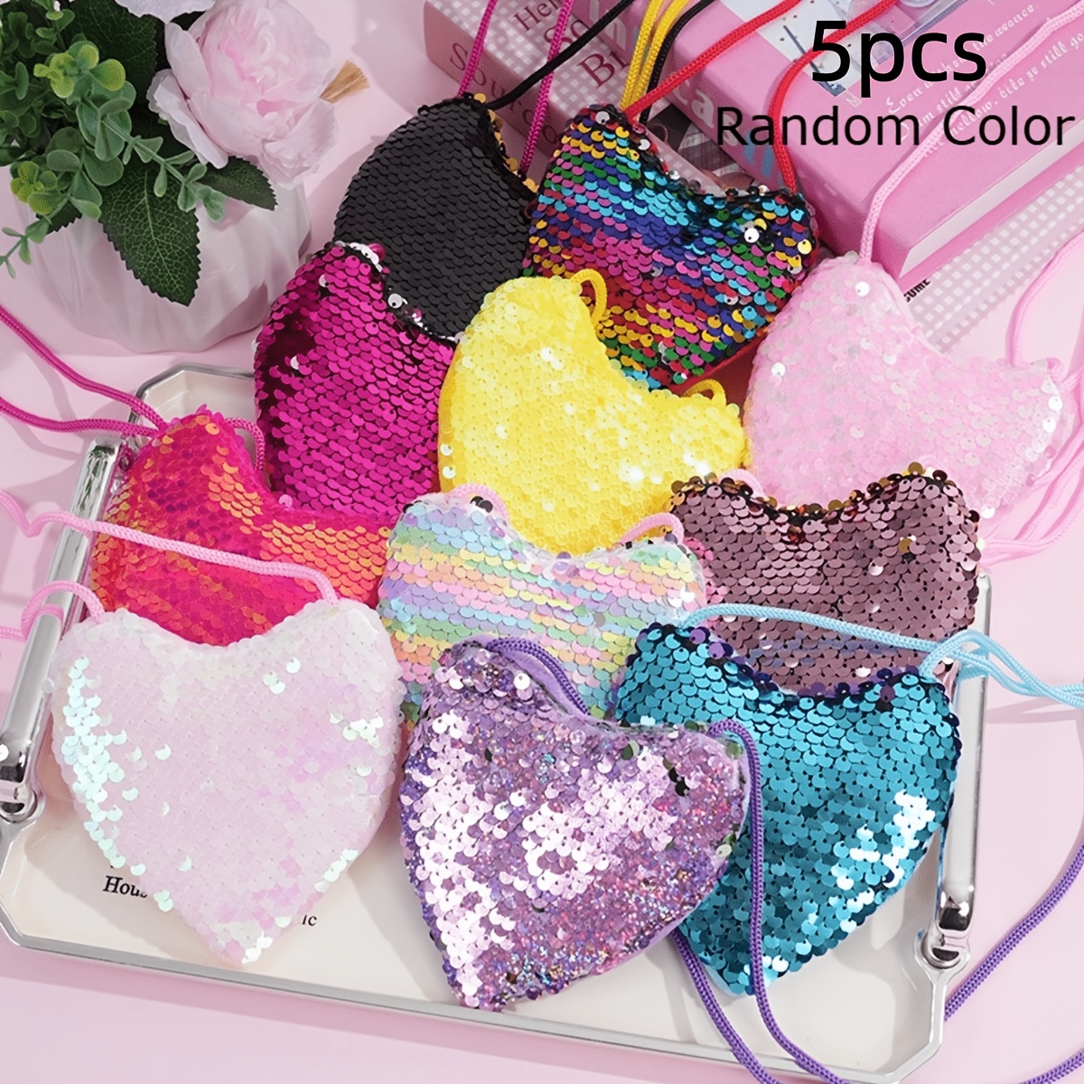 TEMU Lot de 5 sacs bandoulière de cœur à paillettes, couleurs aléatoires, portefeuilles portables et élégants à longue sangle, porte-monnaie tendance