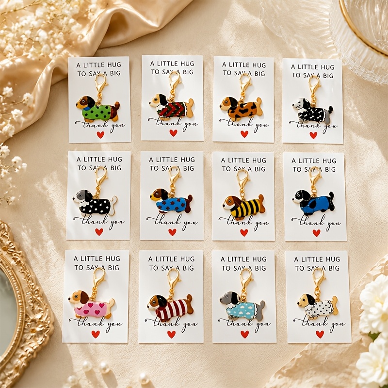 TEMU Lot de 24 porte-clés cadeaux teckel à , ensemble de 12 porte-clés mignons de chien de dessin + 12 cartes de remerciement, breloques amusantes