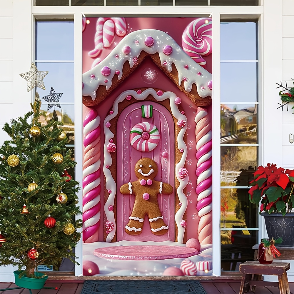 

1pc Polyester Christmas Door Cover - Pink Gingerbread Man & Design, Reusable & Washable, No Electricity Needed, Ideal For Holiday Party Decorations