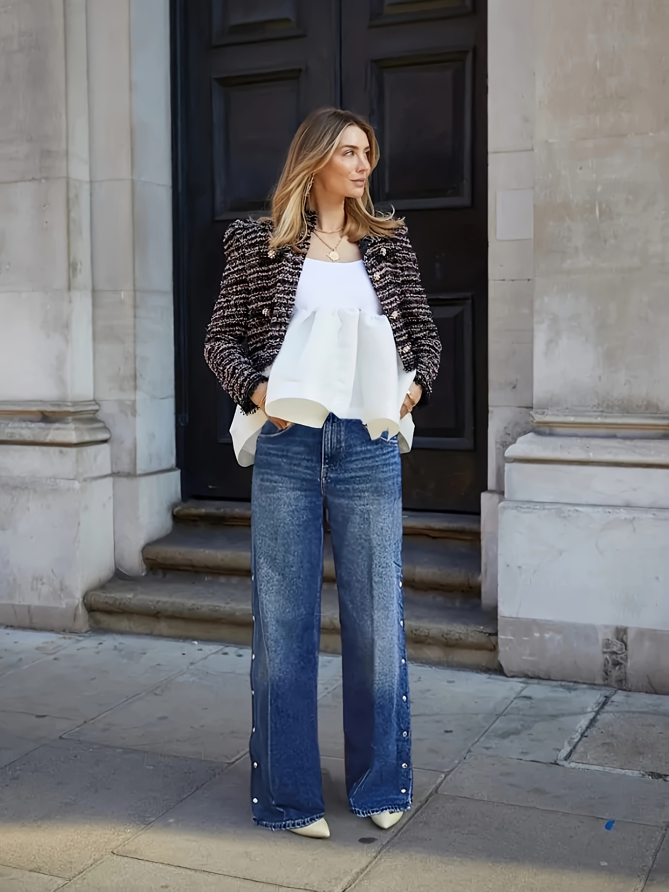 【BAON】Elku Snap Button Washing Wide Denim Pants wide leg denim jeans side snap buttons high classic - Temu