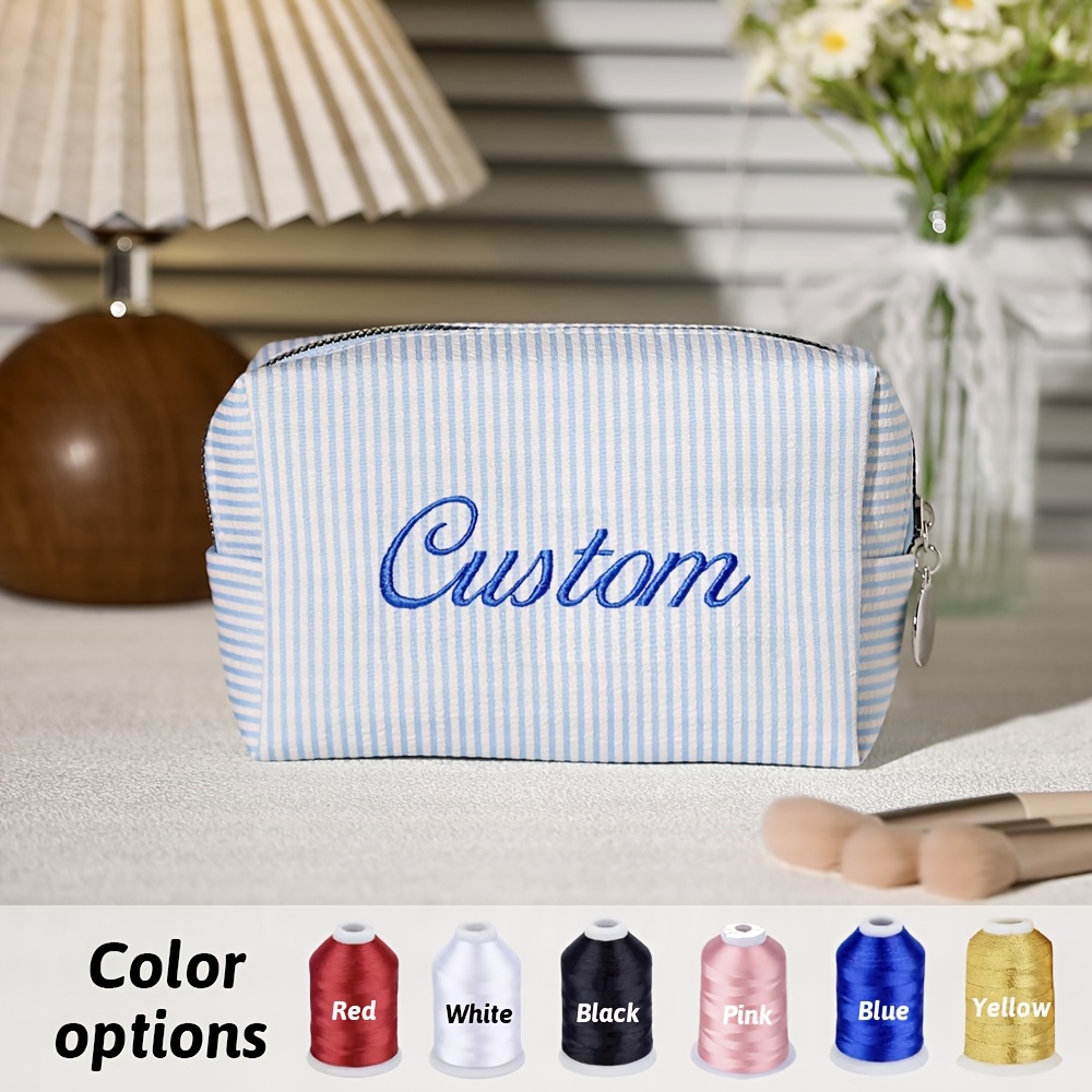 TEMU Custom Embroidered Seersucker Makeup Bag, Monogrammed Bridesmaid Cosmetic Pouch, Girly Portable Travel Toiletry Organizer For Skincare Products,