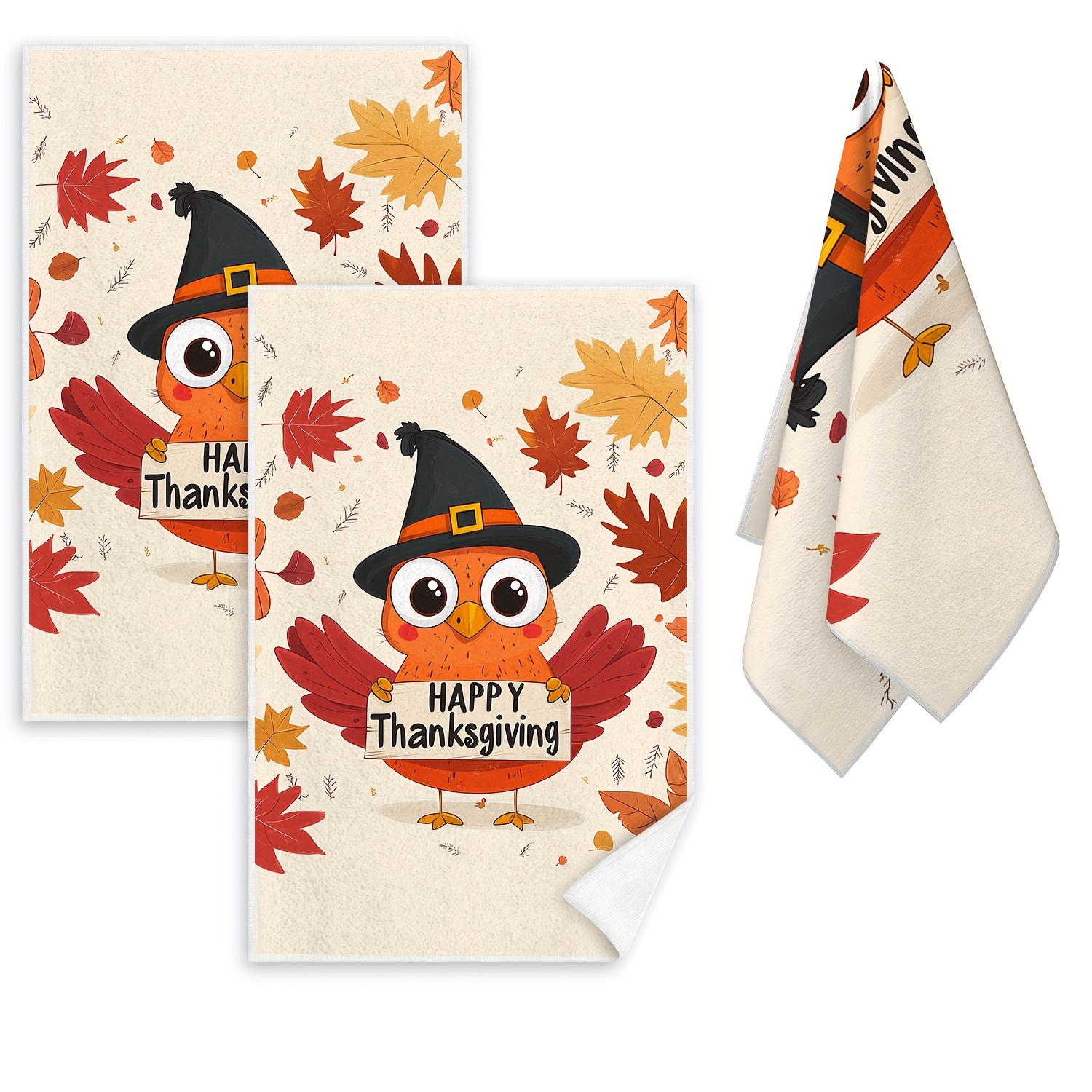 

2-pack Thanksgiving Day Hand Towels - Quick-dry, Absorbent Dish Cloths With Cartoon Owl Pattern, Machine Washable Polyester Knit Fabric, Contemporary Style For Kitchen & Bathroom Decor