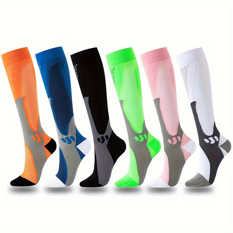 

6 Pairs High-performance Socks For - Knee-high Athletic Support With Breathable, Stretchy Nylon , Geometric Pattern - Ideal For Running, Soccer, Nursing, Pregnancy - Hand Wash Only