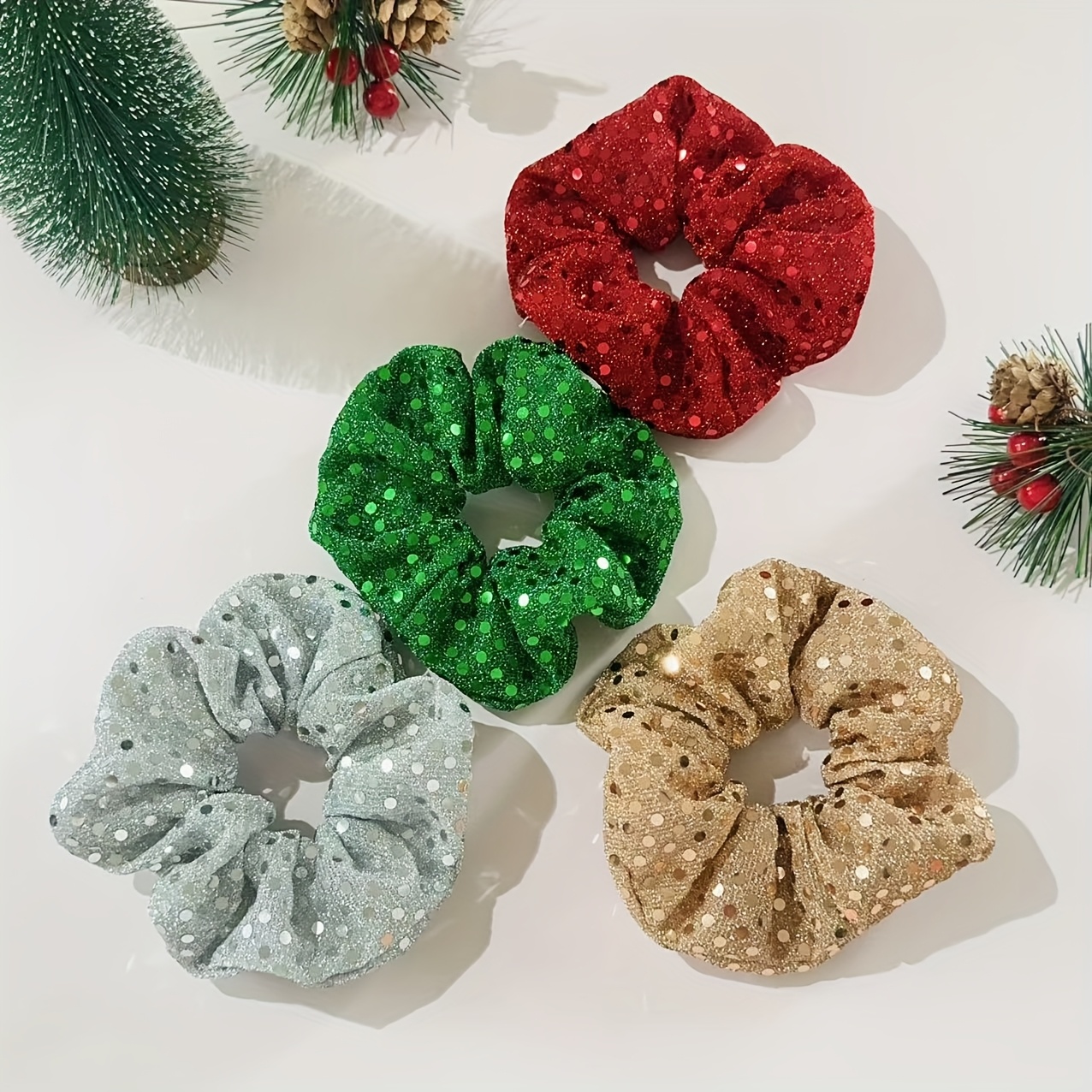 TEMU 4pcs Set Of Sweet And Elegant Christmas Hair Ties For Women, Featuring Green, Red, Silvery, And Yellow Sequin Designs. Accessories For Ponytail