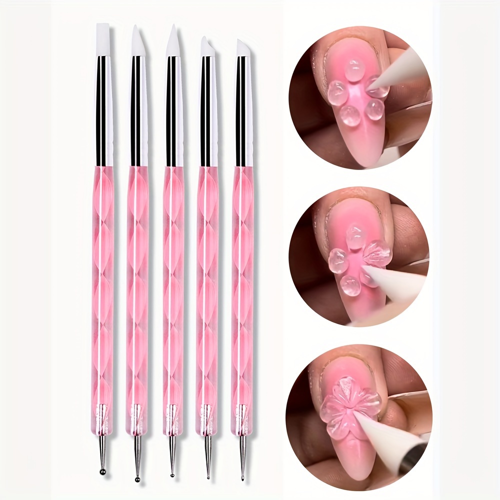 

5pcs Acrylic Nail Art Silicone Brushes, Dual-head Carving Painting Tips, Uv Gel Diy Polish, Manicure Dotting Tools, Nail Modeling Drawing, Unfragranced, Nail Care Accessories