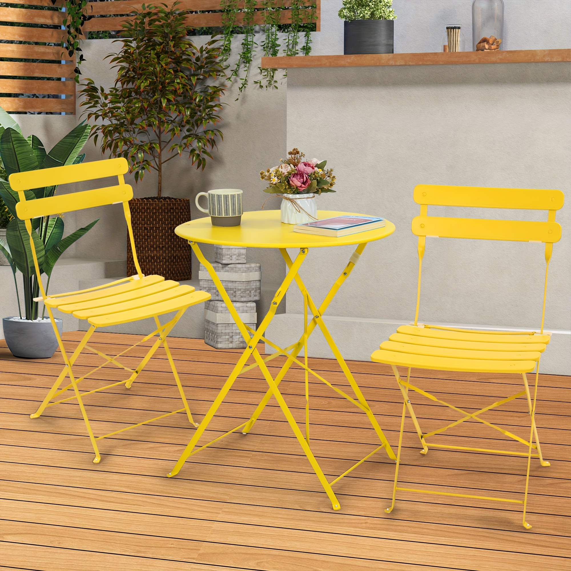 TEMU Folding 3pcs French Style Folding Metal Bistro Set. Includes 2 Cafe Chairs And Folding Table. Small Footprint Is Ideal For Porch, Balcony, Or