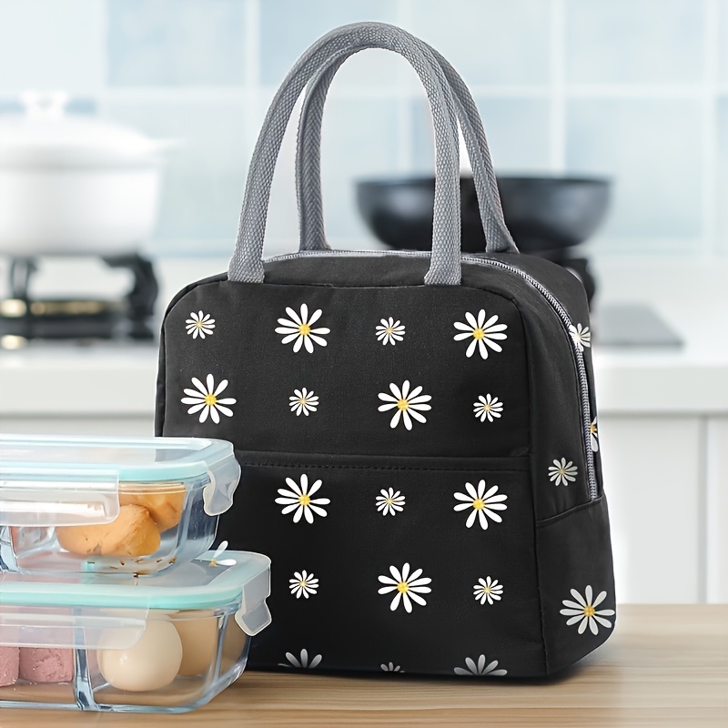 1pc Fashionable Daisy Insulated Lunch Bag - Portable Hot Insulated Bento Box Bag, Suitable For Work, School, And Picnic - Durable Oxford Fabric With Zipper Closure - Grey/black, Non-food Contact