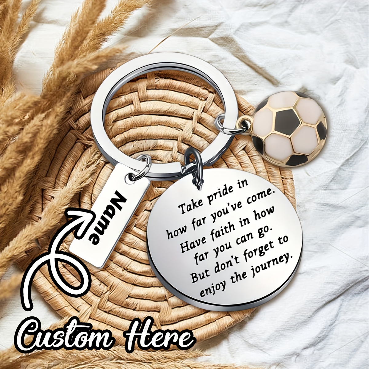 TEMU Personalized Name 1pc Football Keychain With "i Can" Tag - Stainless Steel Keyring For And Sports Enthusiasts - Inspirational Quote Gift For Key