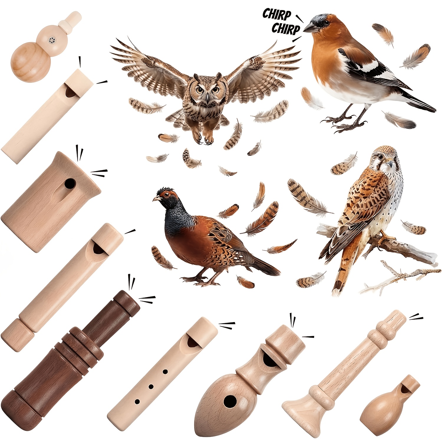 TEMU 9pcs Wooden Set Handmade Gifts For Birdwatchers, , Outdoor Exploration Activities Camping Trips Realistic Sounding Whistle