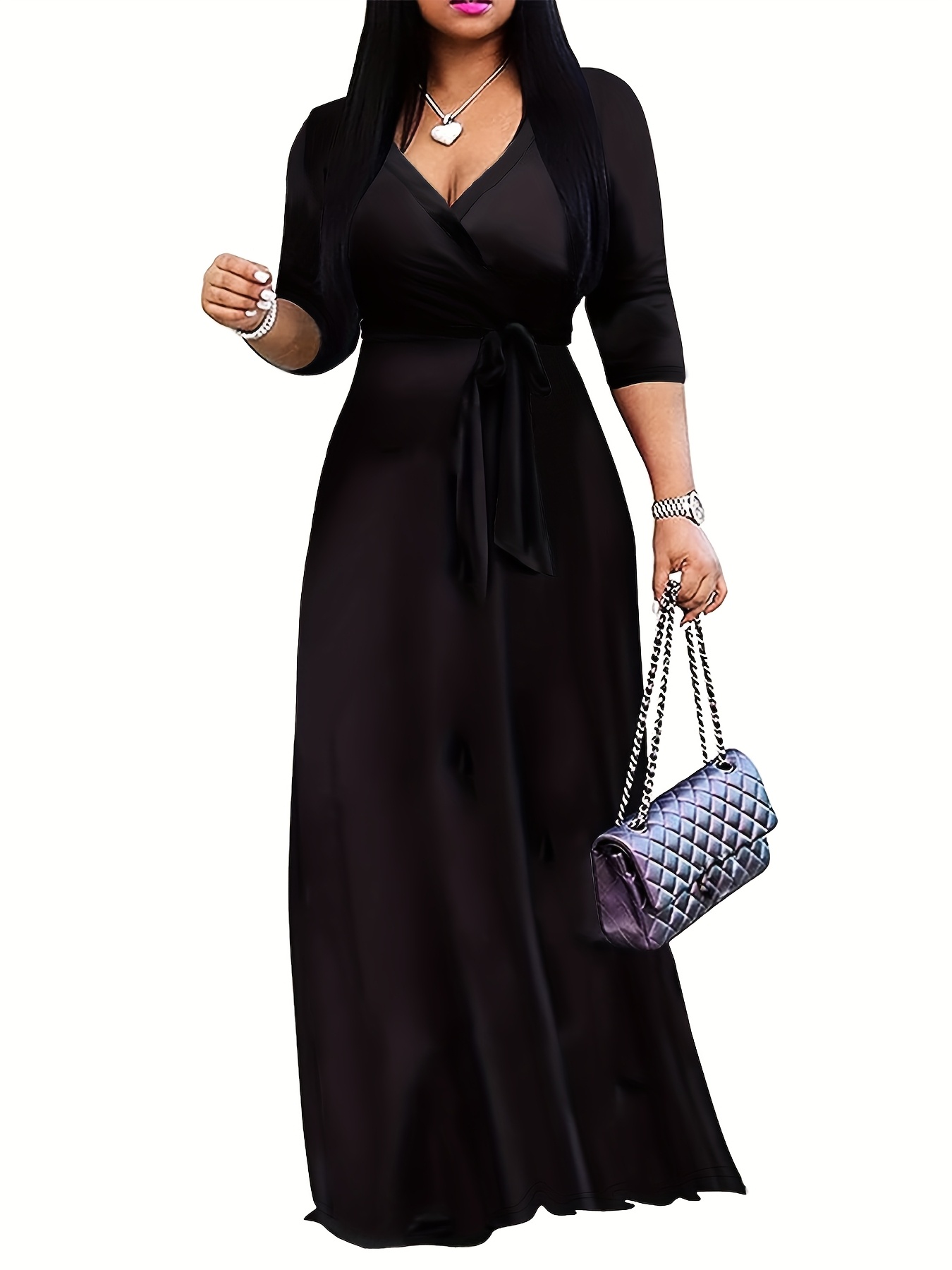 * Solid Color V-Neck Women'S Dress Elegant Long Dress with Belt